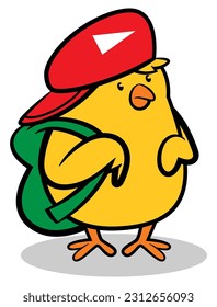 Little chicks cartoon characters wearing a red cap and carrying backpack get ready for going to school. Best for sticker, logo, and mascot with education themes for kids svg