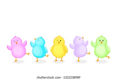 Little chicks cartoon set. Funny colorful chickens in different poses. Vector illustration isolated on white background.