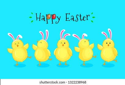 Little chicks cartoon set with rabbit ears decoration. Funny yellow chickens in different poses. Happy Easter concept. Vector illustration isolated on blue background.