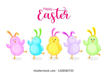Little chicks cartoon set with rabbit ears decoration. Funny  chickens in different poses. Happy Easter concept. Vector illustration isolated on blue background.