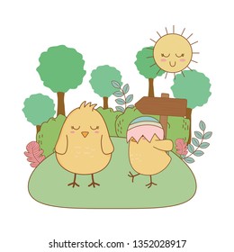 little chicks easter characters in garden scene