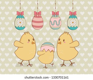 little chicks with eggs painted easter characters