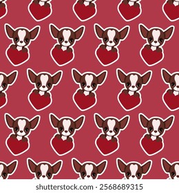 Little chihuahua dogs with hearts in seamless pattern on red background for Valentine's Day 