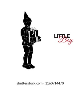 Little child, baby. A little boy in a festive hat holds gifts. Little boyl with gifts, birthday boy