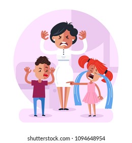 Little child baby brother and sister fighting and mother character have angry face expression. Family relationship problem concept. Vector flat cartoon design graphic isolated illustration