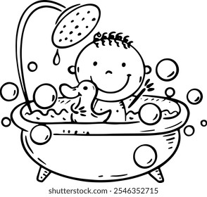 Little child bathing in a bath tub, happy cartoon baby in a bath. Black and white vector illustration