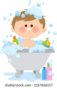 Little child in the bathroom taking a bubble bath in the bathtub. Vector illustration