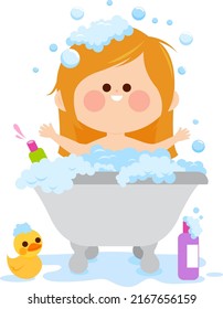 Little child in the bathroom taking a bubble bath in the bathtub. Vector illustration