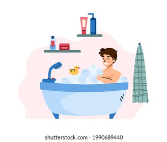 Little child boy bathing in bathtub, cartoon vector illustration isolated on white background. Childrens daily hygiene body care procedures and daily routine.
