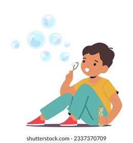 Little Child Boy Character Playfully Blow Delicate Soap Bubbles, Marveling At Their Iridescent Colors And Fragile Existence, Creating Moments Of Innocent Delight. Cartoon People Vector Illustration