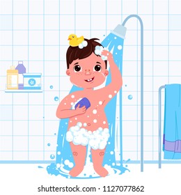 Little child boy character take a shower. Daily routine. Bathroom interior background. Vector cartoon illustration