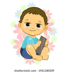 Little child. Boy. Sits playing on a smartphone. Isolated object on a white background. Cheerful kind funny. Cartoons flat style. Preschool age. Childhood Vector.