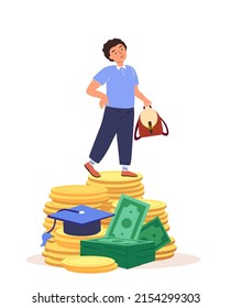 Little Child Boy Stand on Huge Golden Coins Money Pile.Concept of Savings,Investment in Future Education,Life Prosperity.Collecting Money and Kids Finance Education.Cartoon People Vector Illustration
