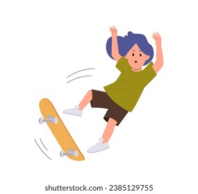 Little child cartoon character screaming falling down from skateboard isolated on white background