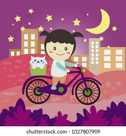 little child cartoon and her cat vector illustration