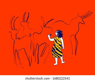 Little Child Caveman Character Wearing Pelt Painting Animals on Cave Wall. Ancient Period of Human Civilization, Neanderthal People Art and Lifestyle, Primitive Culture. Linear Vector Illustration