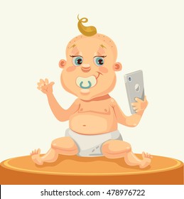 Little child character with smartphone. Vector flat cartoon illustration