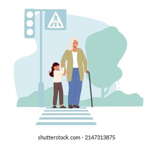 Little Child City Dweller Lead Old Lady over Crossroad with Zebra and Traffic Lights. Baby Girl Character Help to Cross Road for Elderly Woman. Kid Learn to be Kind. Cartoon People Vector Illustration
