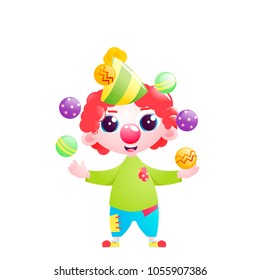 A little child clown character juggles and jokes and stands with a balloon at the bottom of a birthday card. Vector cartoon illustration