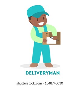 Little child in courier uniform holding box. Food delivery service. Preschooler have fun. Flat vector illustration