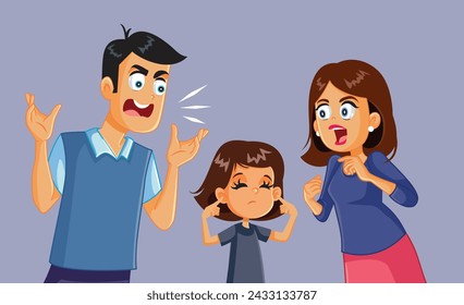 
Little Child Covering Ears in Domestic Angry Dispute Vector Illustration. Unhappy little girl trying not to hear family traumatic conflicts 
