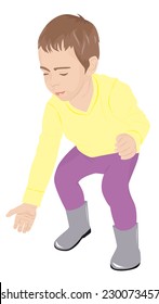 Little child crouched down to pick something up, vector illustration