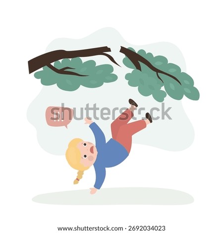 Little child in danger situation. Cute girl falls down from tree, broken branch. Female character falls down suffering from injury and pain, design isolated on white background. vector illustration