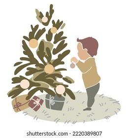 Little child decorates the Christmas tree,vector abstract illustration drawing in simple flat style.Baby boy with christmas tree and gifts.Winter holidays concept