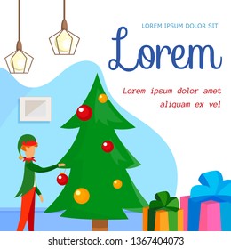 Little Child in Festive Carnival Costume of Cute Dwarf or Elf Decorating Christmas Tree with Balls at Home, Presents Stand Below, Promo Poster, Flyer. Cartoon Flat Vector Illustration. Square Banner