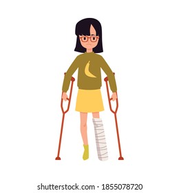 Little child girl cartoon character with bandaged leg on crutches, flat vector illustration isolated on white background. Injured child with gypsum bandage.