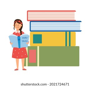 Little child girl cartoon character reading a huge book, flat vector illustration isolated on white background. Children library or book reading topic.