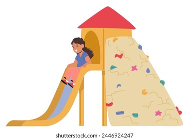 Little Child Girl Character Gleefully Slides Down The Colorful Playground Slide, Laughter Trailing Behind As she Races Gravity, Kid Enjoying Burst Of Joy In Motion. Cartoon People Vector Illustration