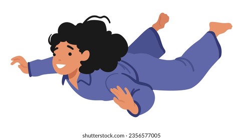 Little Child Girl Character In Pajamas Soaring Through The Sky, Embracing Freedom Of Flight. Joyful Innocence And Imagination Brought To Life In A Whimsical Scene. Cartoon People Vector Illustration