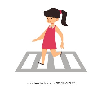 Little child girl crossing road on crossroads, flat cartoon vector illustration isolated on white background. Road traffic safety rules for children in city.