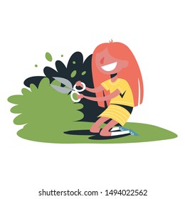 Little child girl cut a green bush. Idea of farming and gardening. Young kid growing tree. Vector illustration in cartoon style