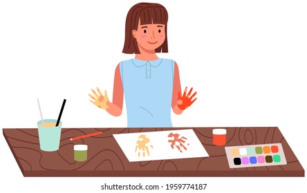Little child girl drawing picture and watercolor  Drawing kid activity in art class  Child paints her hands and paint   leaves traces palms paper  Female character is engaged in creativity