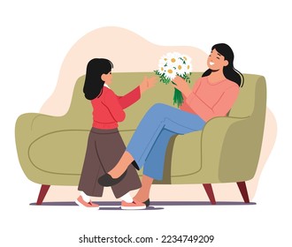 Little Child Girl Giving Flowers to Mother. Kid Character Presenting Beautiful Blossoms to Mom for Mothers Day or Spring Holiday Celebration or Festive Event. Cartoon People Vector Illustration