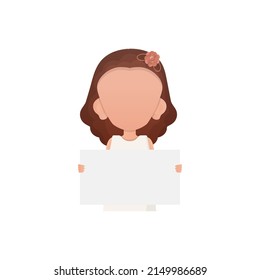 Little child girl holding an empty piece of paper. Isolated. Cartoon style. Vector illustration