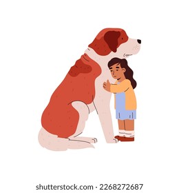 Little child girl hugging a huge dog, cartoon characters for ESA or emotional support animal logo or banner design, flat vector illustration isolated on white background.