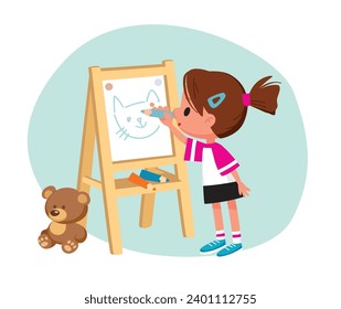 Little child girl painting, drawing, draws a picture with pencils standing with a palette picture. Drawing kid activity in art class. Learning how to draw. Little child girl drawing picture