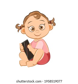 Little child. Girl. Sits playing on a smartphone. Isolated object on a white background. Cheerful kind funny. Cartoons flat style. Preschool age. Childhood Vector.