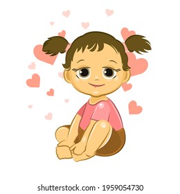 Little child. Girl. Sits playing indulges. Isolated object on a white background. Cheerful kind funny. Cartoons flat style. Preschool age. Childhood Vector.