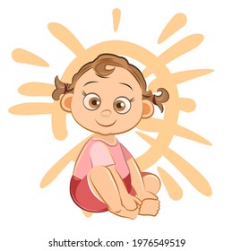 Little child. Girl. Sits playing indulges. Isolated object on a white background. Cheerful kind funny. Cartoons flat style. Preschool age. Childhood Vector.