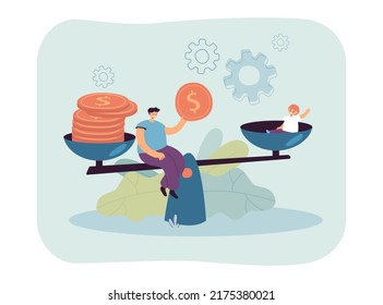 Little child and golf coins on weight flat vector illustration. Father estimating cost of having baby. Parenthood, family, comparison concept for banner, website design or landing web page