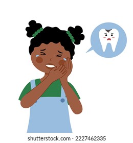 Little child having painful toothache cartoon character in flat design. Dental problem and oral treatment concept.