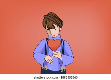 little child holding valentine's day symbol line art vector illustration on red board background space. vector of cute boy with heart in very romantic hand