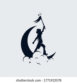 Little Child holds a flag on the moon logo