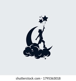 Little child holds stars balloons on the moon