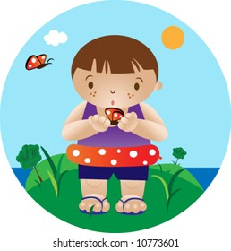 little child looking at a butterfly and getting ready to go swiming.