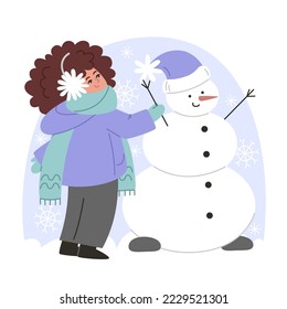 Little child making a snowman in a flat style